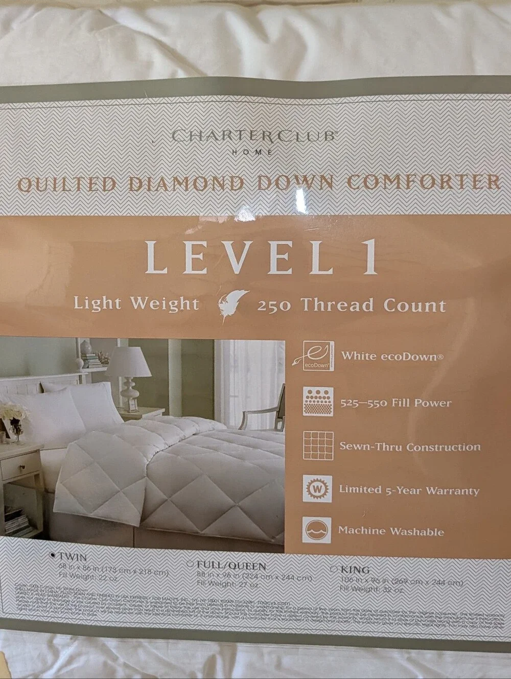 CHARTER CLUB HOME white diamond down comforter TWIN